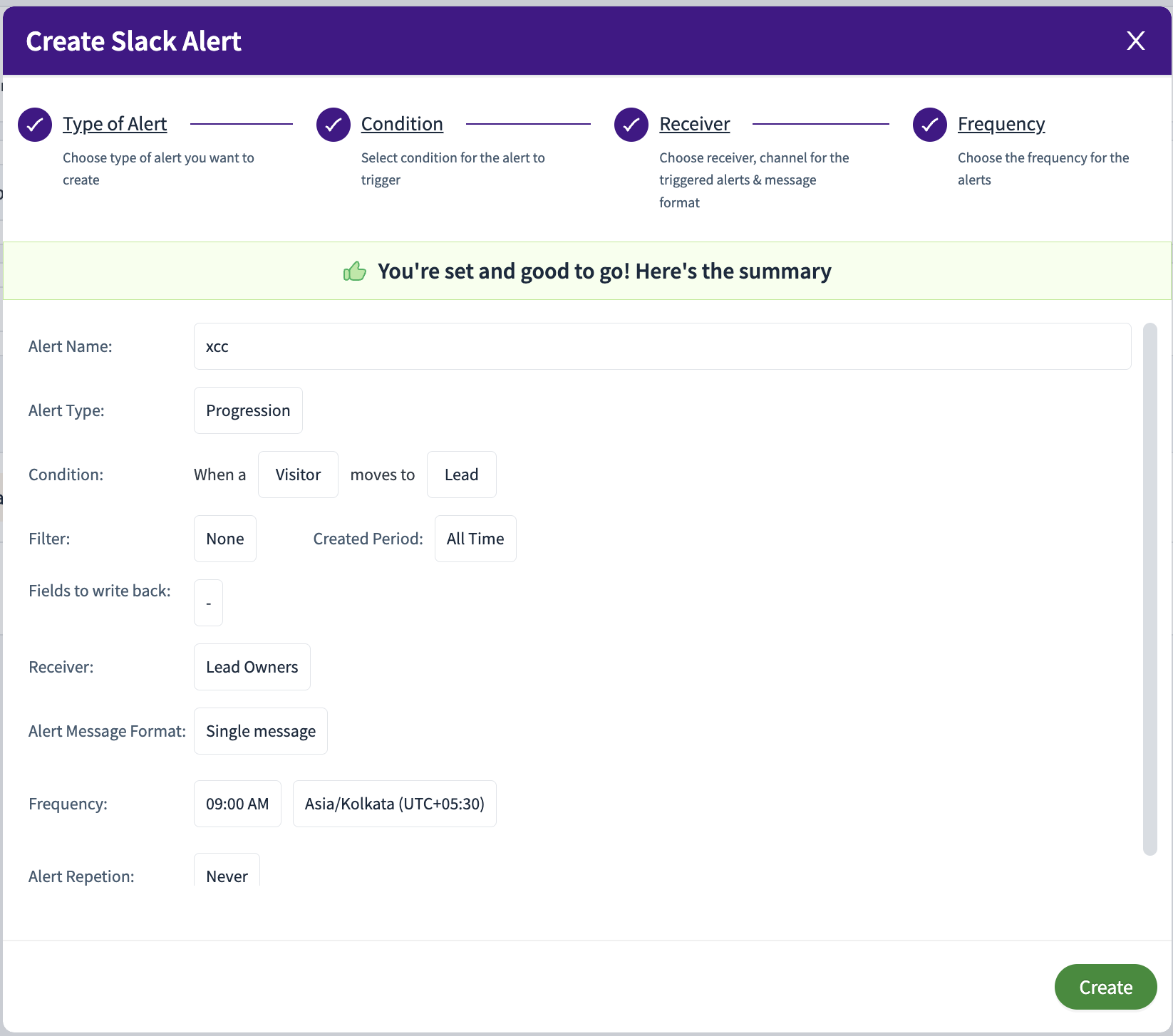Summary of Slack alert settings including alert type, condition, and frequency details.